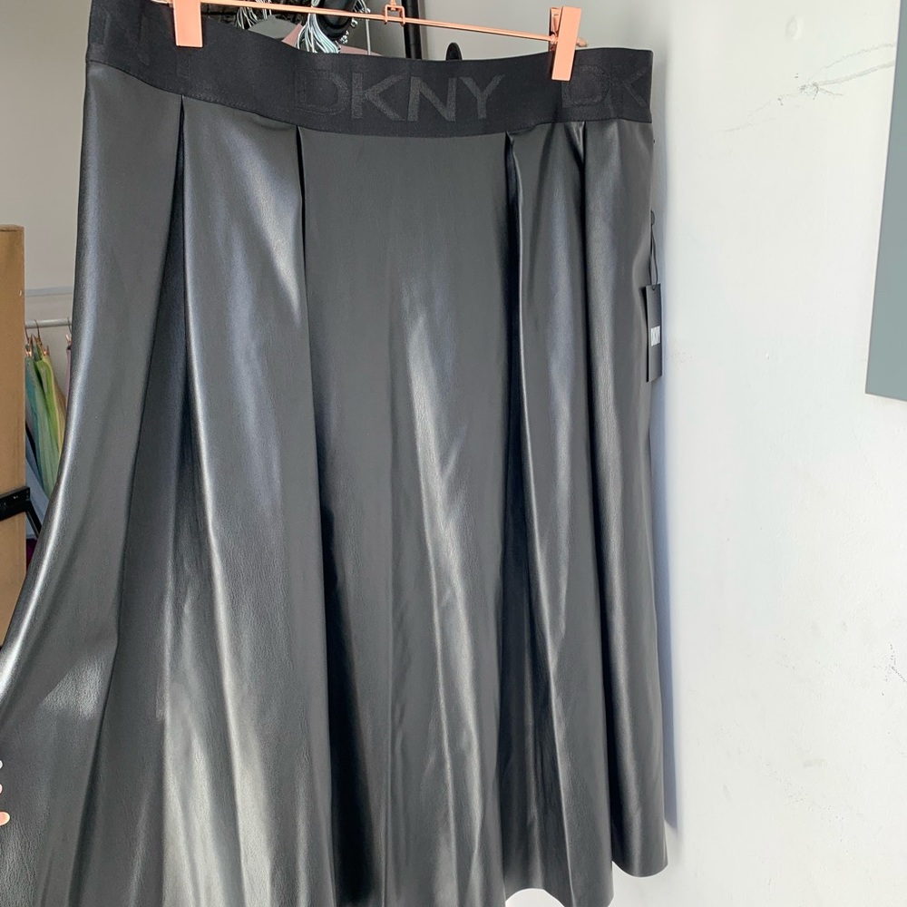 DKNY Faux Leather  Pleated MIDI Skirt NWT